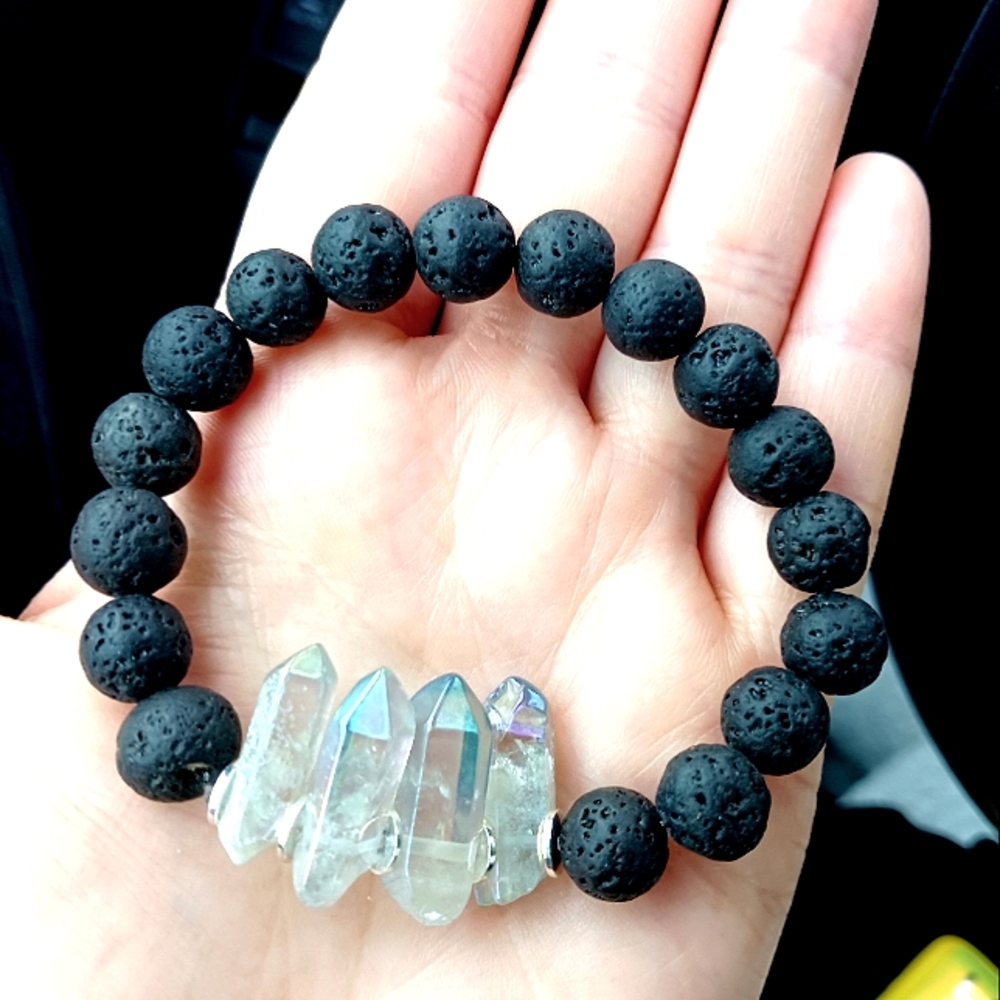 Lava stone 9mm bead raw quartz crystal stretch bracelet